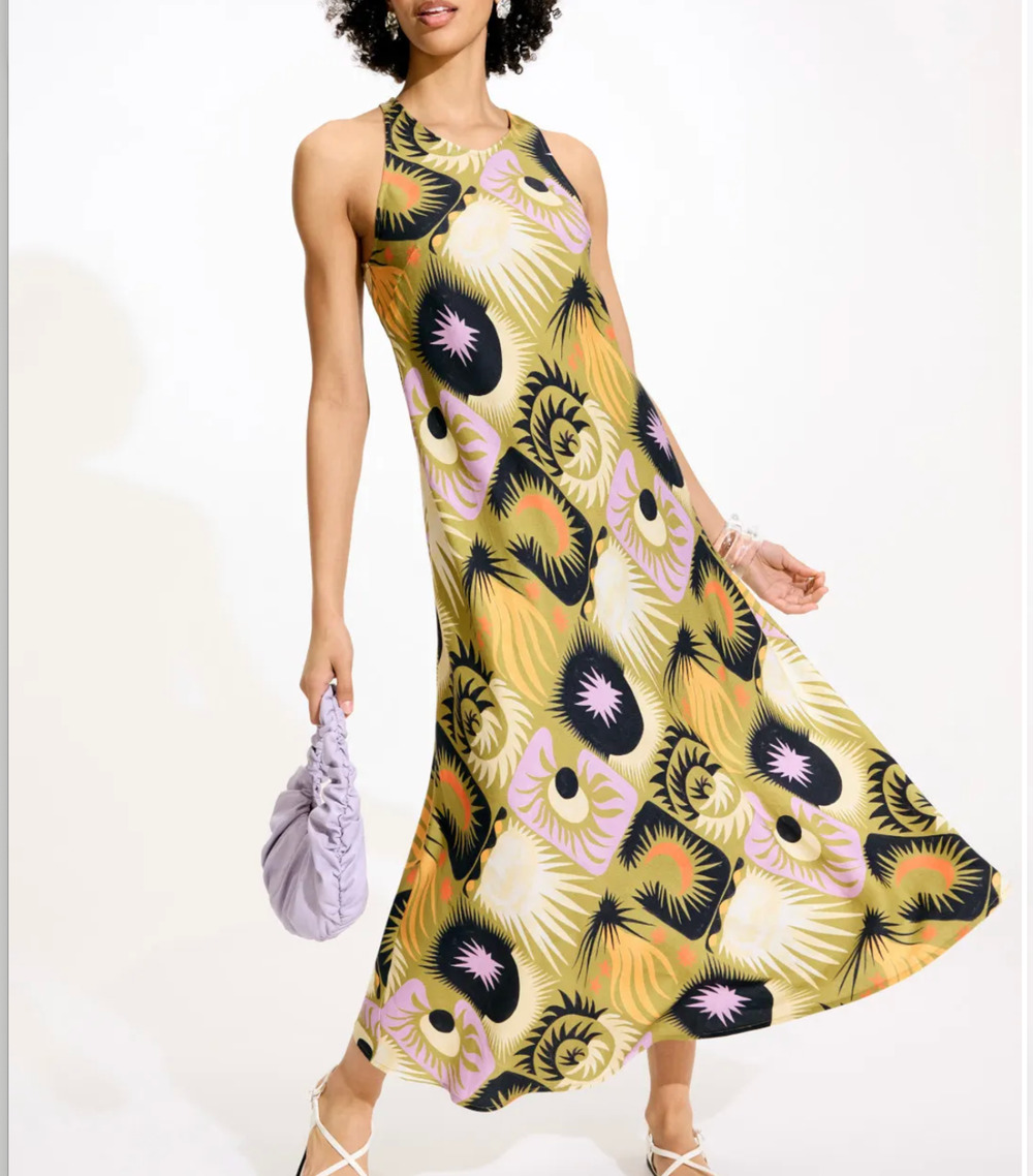 Untitled in Motion Tropical Linen Midi Dress MEDIUM Bias Cut Vacation Beach $354